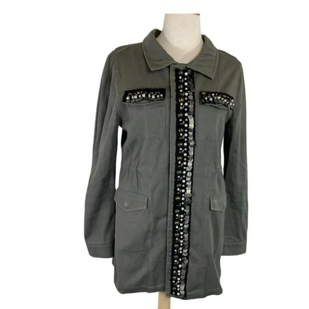 Sweet Rain M Olive green embellished trim jacket